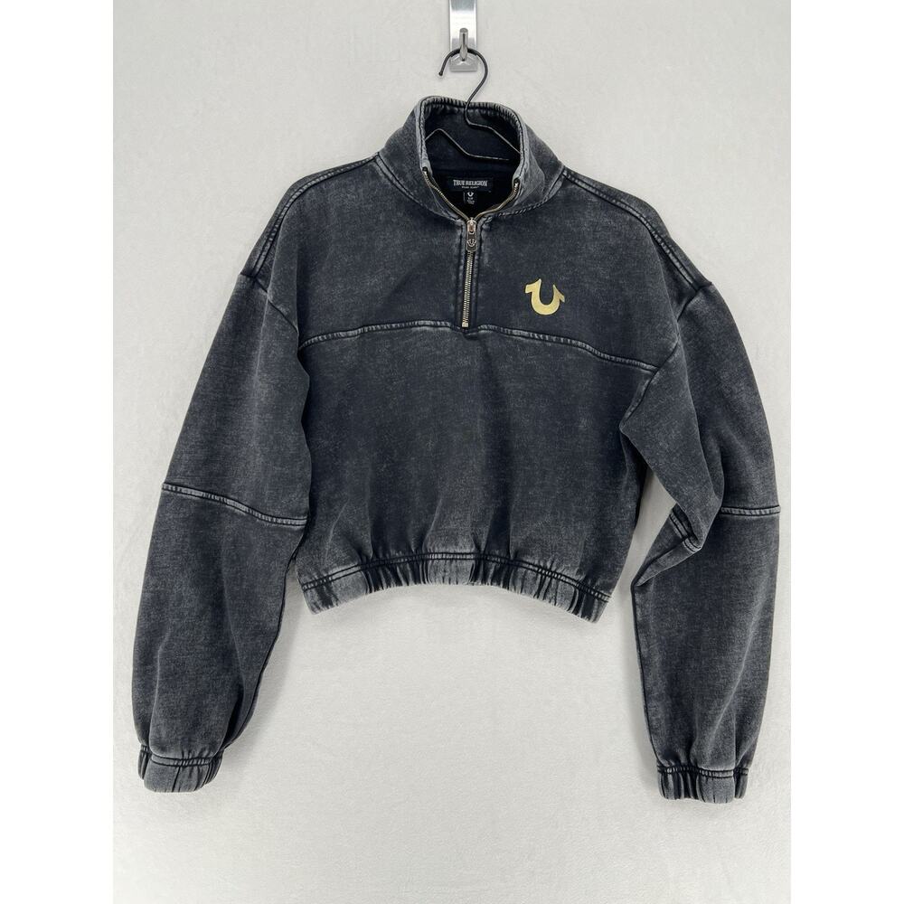 True Religion Cropped Quarter Zip Sweatshirt Womens Small Acid Wash Pullover